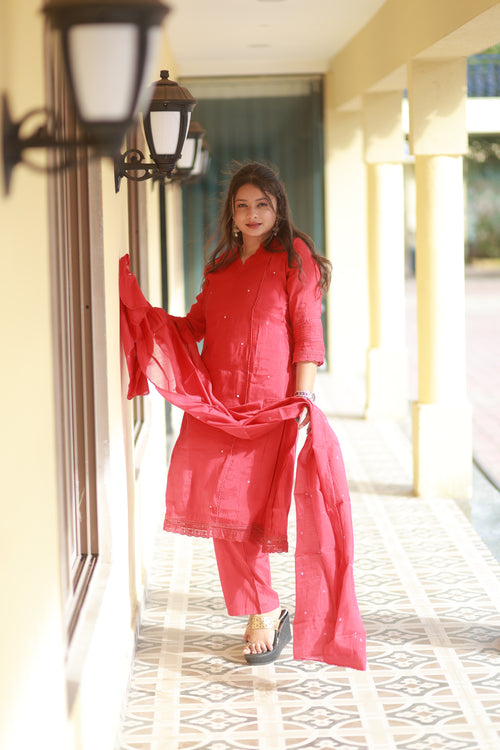 red pure mul chanderi Aline kurti